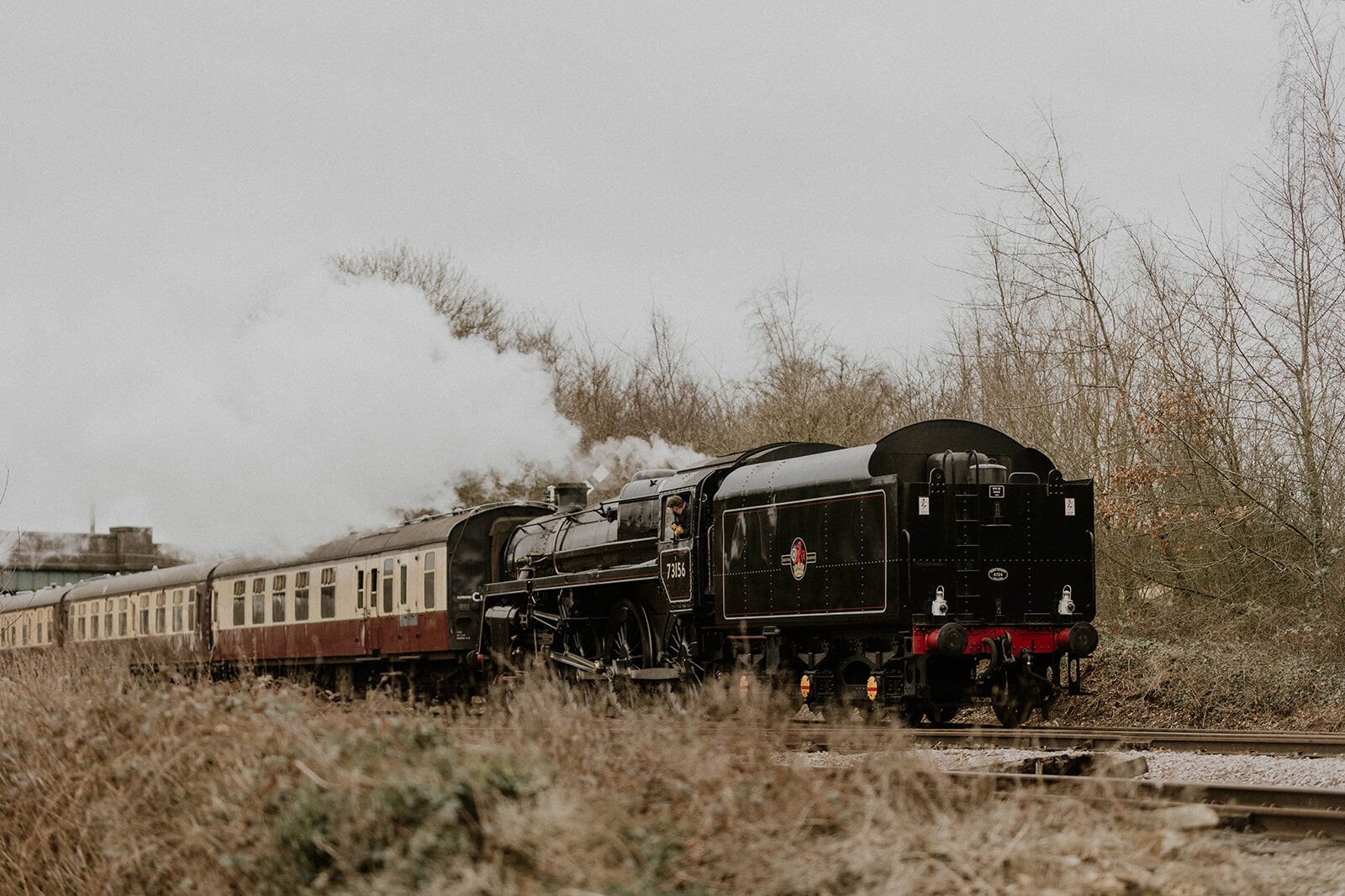 A black steam locomotive hauling maroon and cream carriages along the Great Central Railway, steam drifting back over bare winter trees
